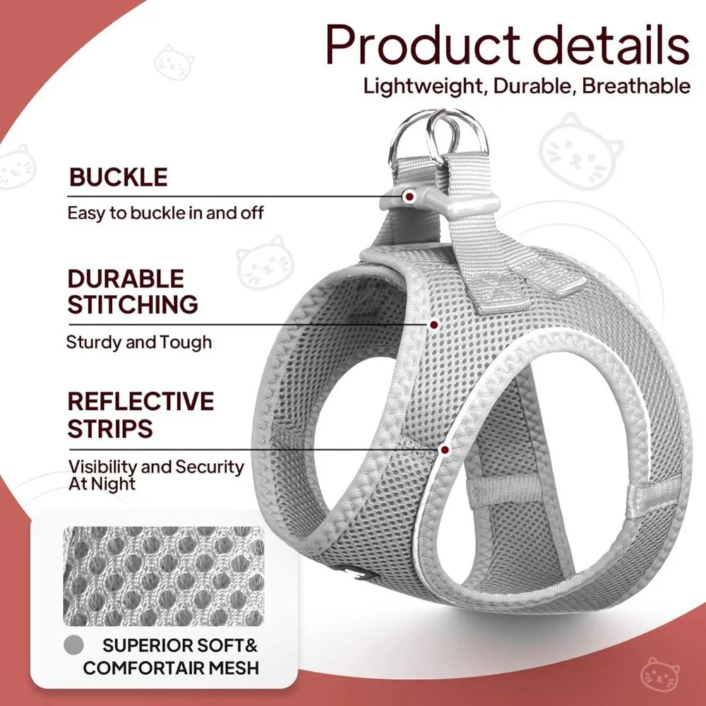 TwoEar Cat Harness and Leash Escape Proof Soft Small Puppy or Toy dog XXS, Grey